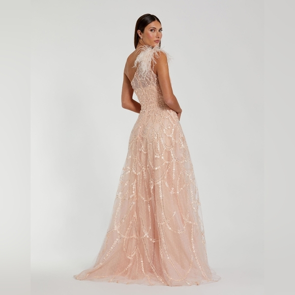 NWT Mac Duggal Peach Embellished One Shoulder A Line Gown - Picture 3 of 9